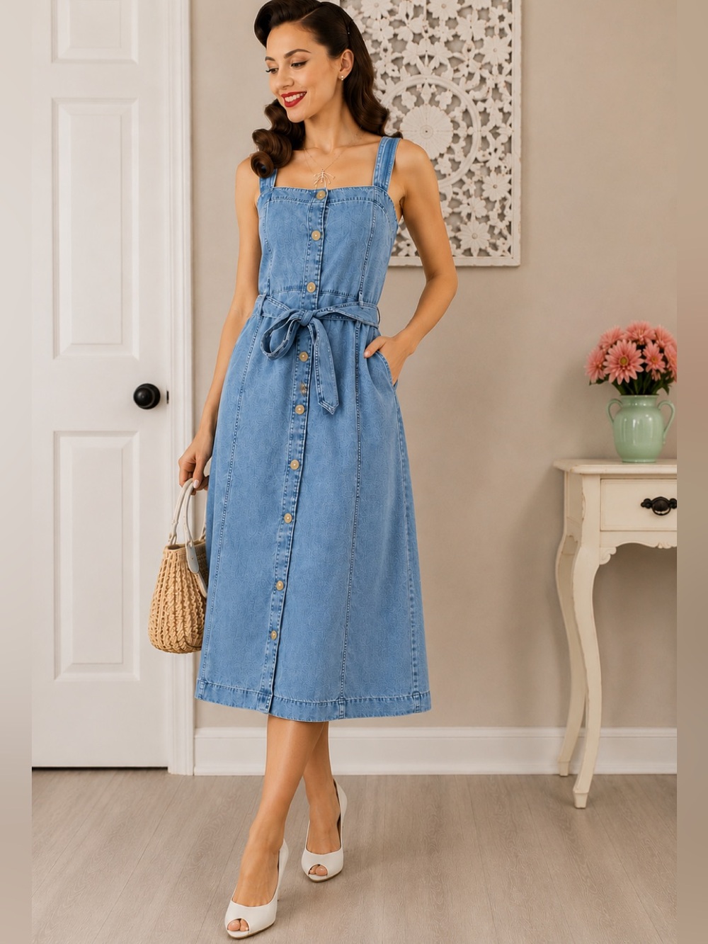 GAP Denim Button Front Midi Dress XL Light Wash Belted Casual Cottagecore Preppy